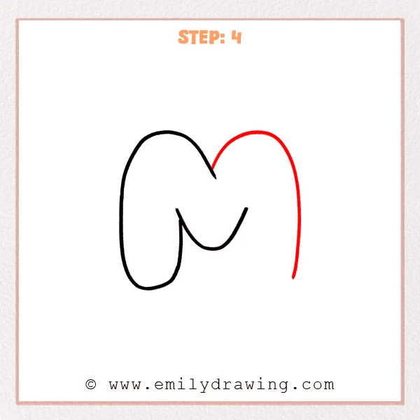 how to draw a bubble letter m - The bubble letter “m” now has a second rounded arch on the right and a long outer vertical stroke descending on the far right.